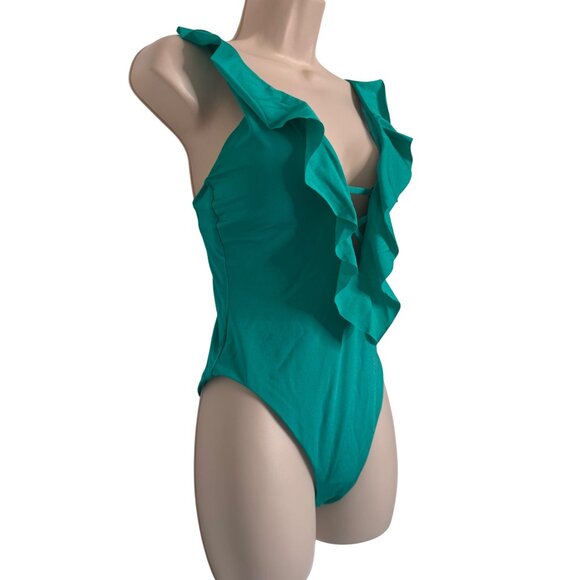 Becca One Piece Size Medium Removable Padded Swimsuit Green NWT Ruffle V- Neck - Picture 7 of 8